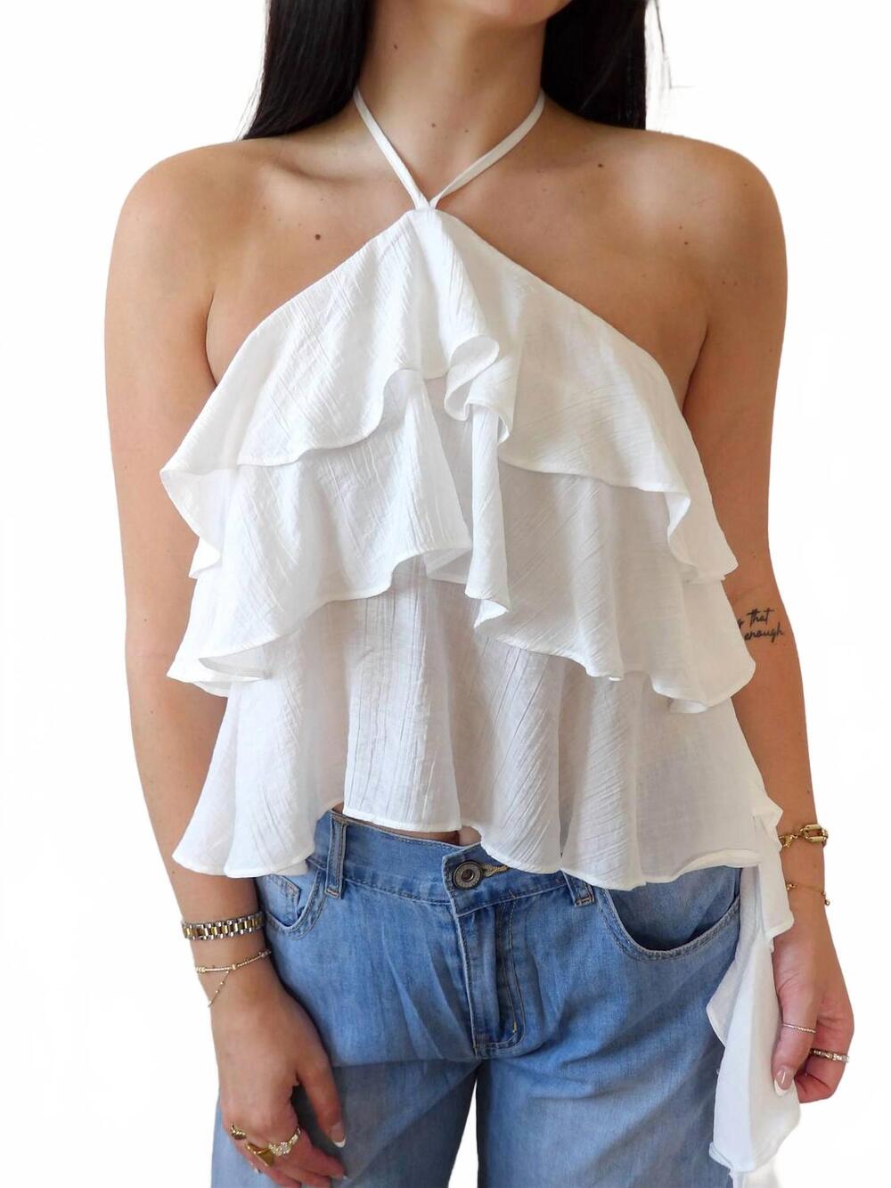NEW PRETTY GARBAGE the bori frill halter top in white